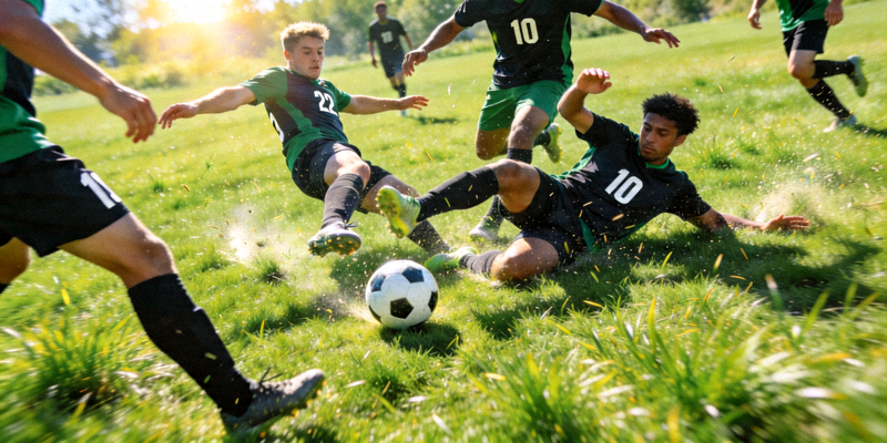 足球运动员在绿茵场上激烈拼抢的瞬间